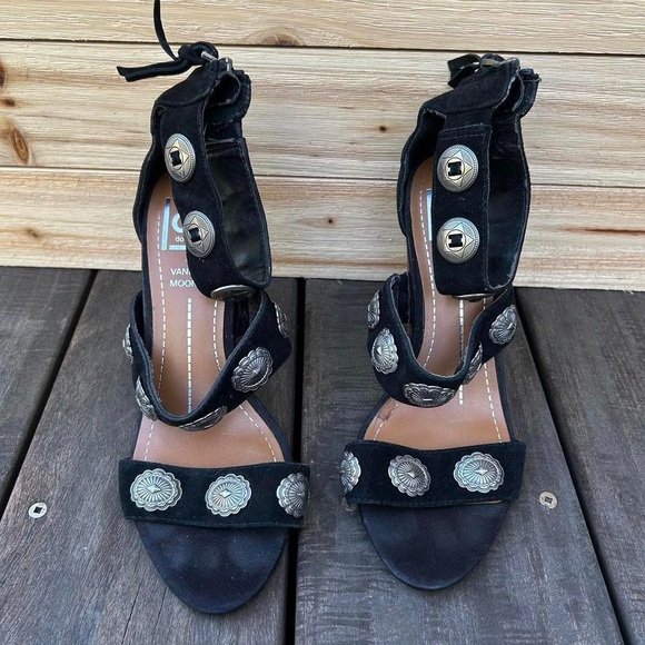 Black Dolce Vita Vanessa Mooney Montey Sandals Suede Ankle Strap Heels w/ Silver - Picture 2 of 7